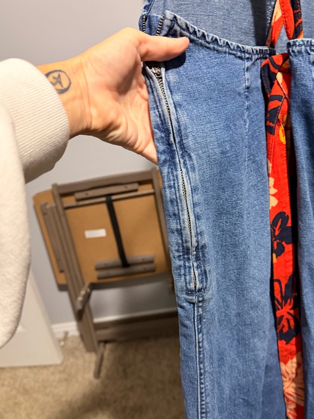 Free People Blue Denim Wide Leg Relaxed Overalls with Red Scarf Straps - Picture 3 of 6
